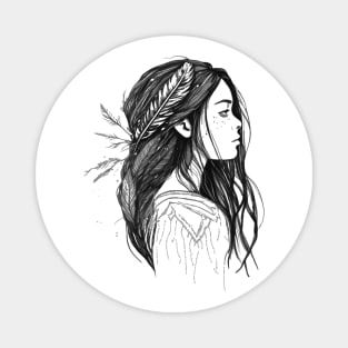 The Girl With Feathers Black And White Drawing Magnet